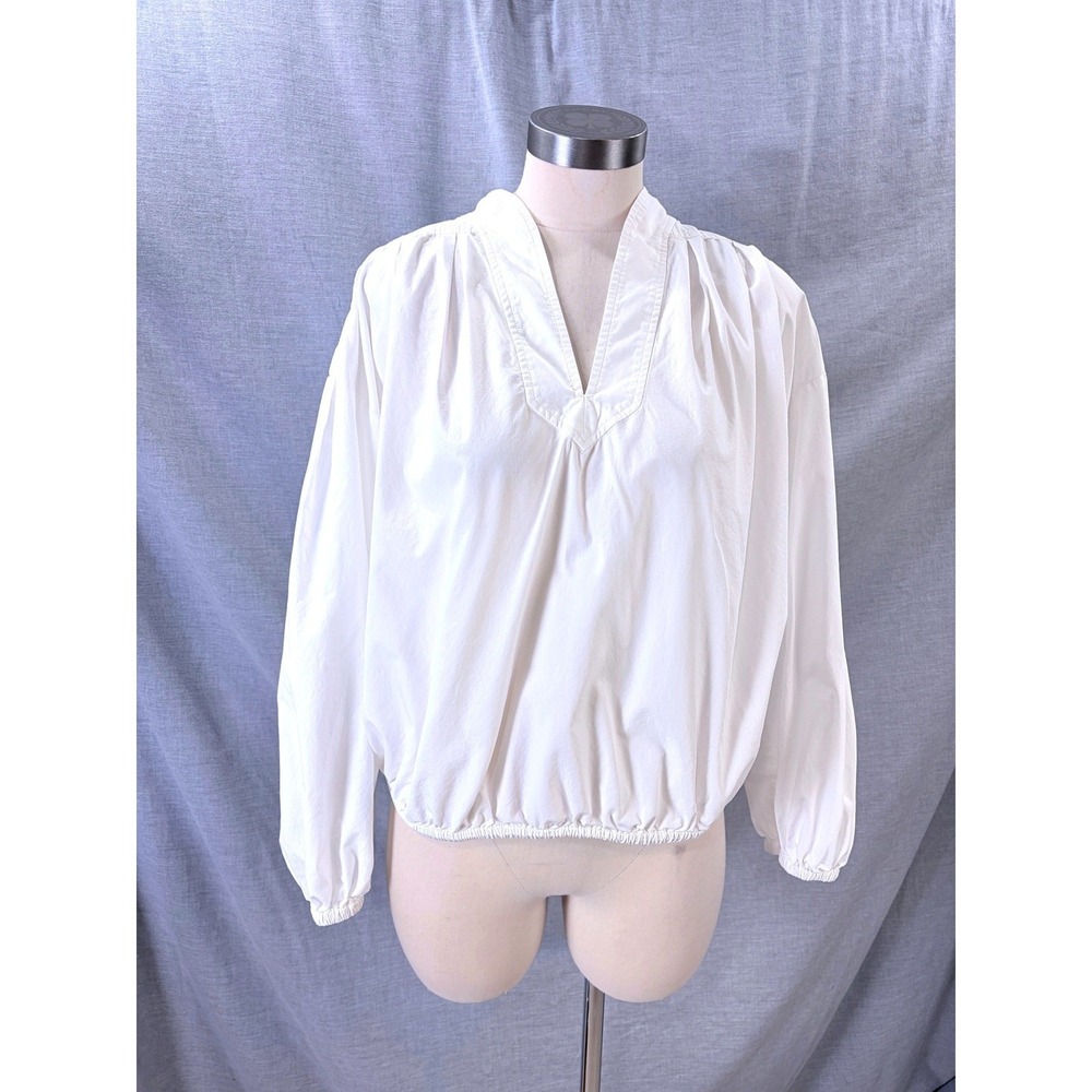 Banana Republic White Cotton V-Neck Elastic Hem Popover Blouse L Poet Pirate